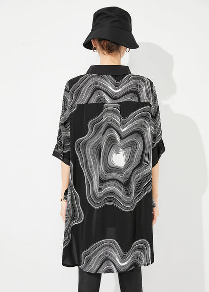 Modern Black Print Low High Design Draping Chiffon Blouse Tops Summer Ly0880