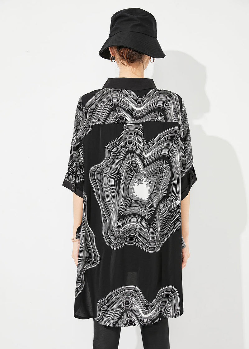 Modern Black Print Low High Design Draping Chiffon Blouse Tops Summer Ly0880