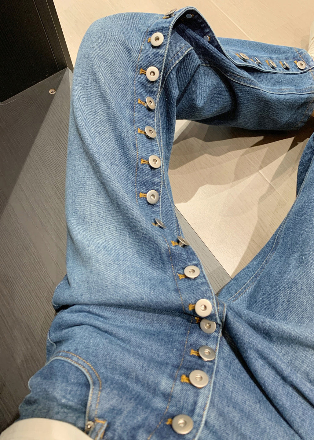 Asymmetrical Blue Pants Waist Straight Denim High Modern Button