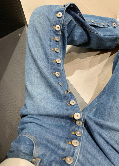 Asymmetrical Blue Pants Waist Straight Denim High Modern Button