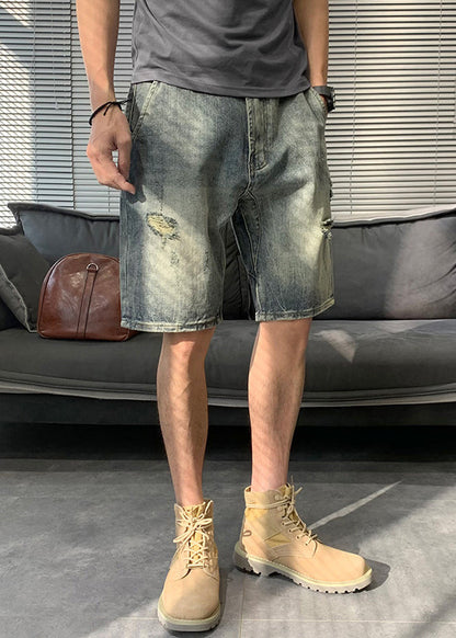 Modern Blue Hole Pockets Denim Shorts Summer Yl016