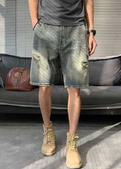 Modern Blue Hole Pockets Denim Shorts Summer Yl016