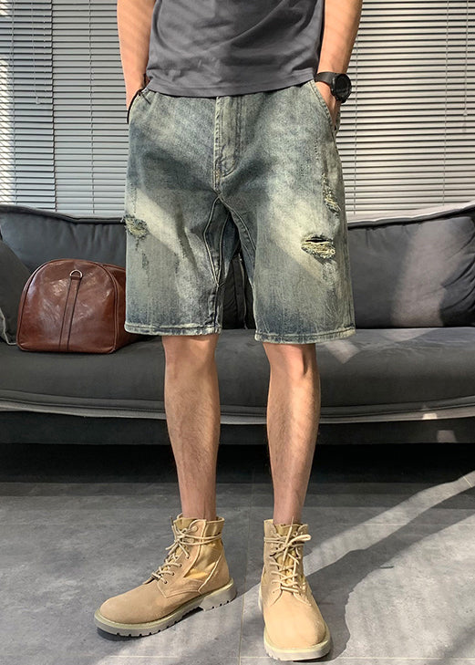 Modern Blue Hole Pockets Denim Shorts Summer Yl016