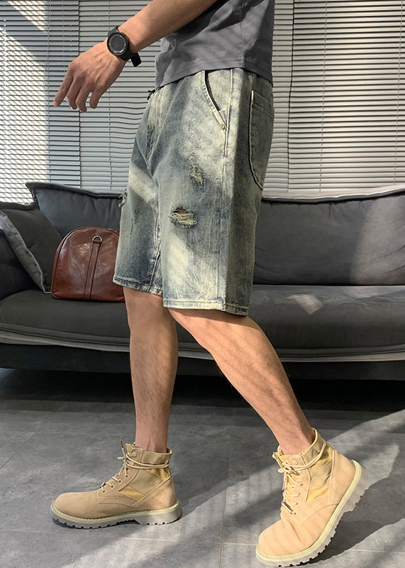 Modern Blue Hole Pockets Denim Shorts Summer Yl016