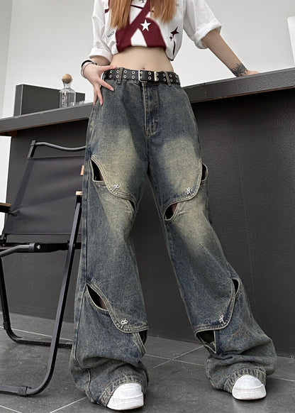Modern Blue Hollow Out High Waist Denim Pants Summer Pp035