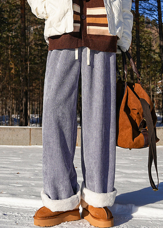 Modern Blue Lace Up Elastic Waist Warm Fleece Pants Winter Rm046