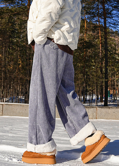 Modern Blue Lace Up Elastic Waist Warm Fleece Pants Winter Rm046