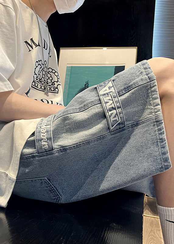 Modern Blue Letter Pockets Patchwork Denim Shorts Summer Yl032