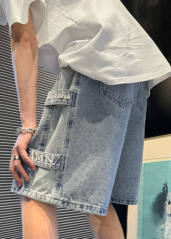 Modern Blue Letter Pockets Patchwork Denim Shorts Summer Yl032