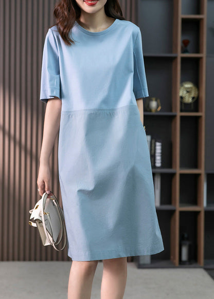 Modern Blue O-neck Patchwork Cotton Maxi Dresses Short Sleeve Ly1760