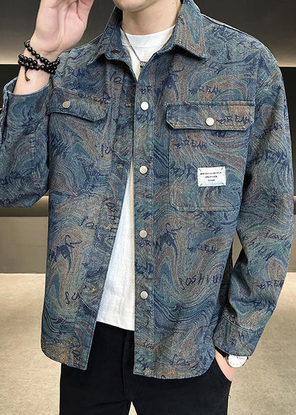 Blue Tc050 Denim Spring Modern Button Peter Collar Coat Pan
