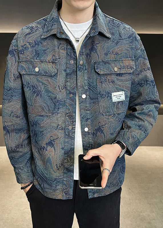 Blue Tc050 Denim Spring Modern Button Peter Collar Coat Pan