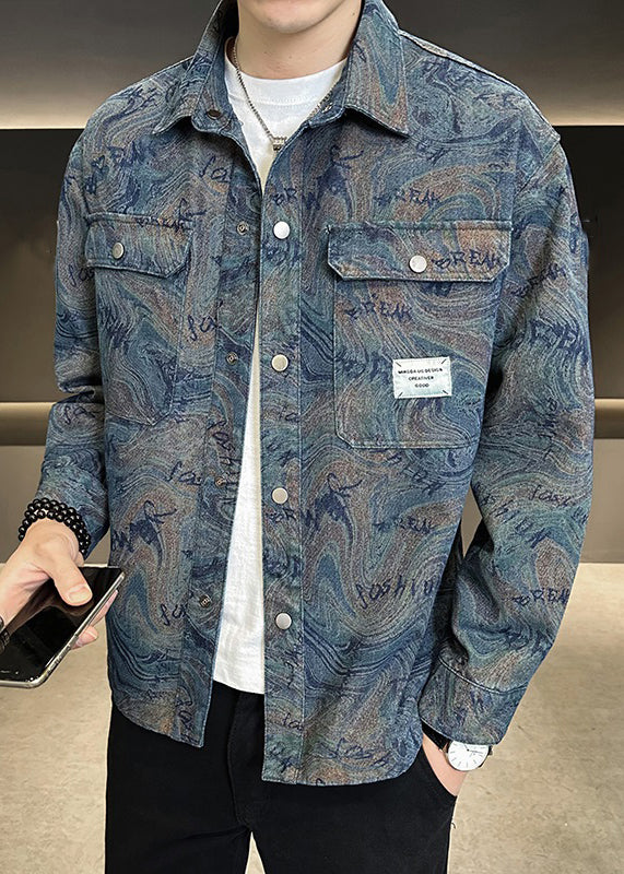 Blue Tc050 Denim Spring Modern Button Peter Collar Coat Pan