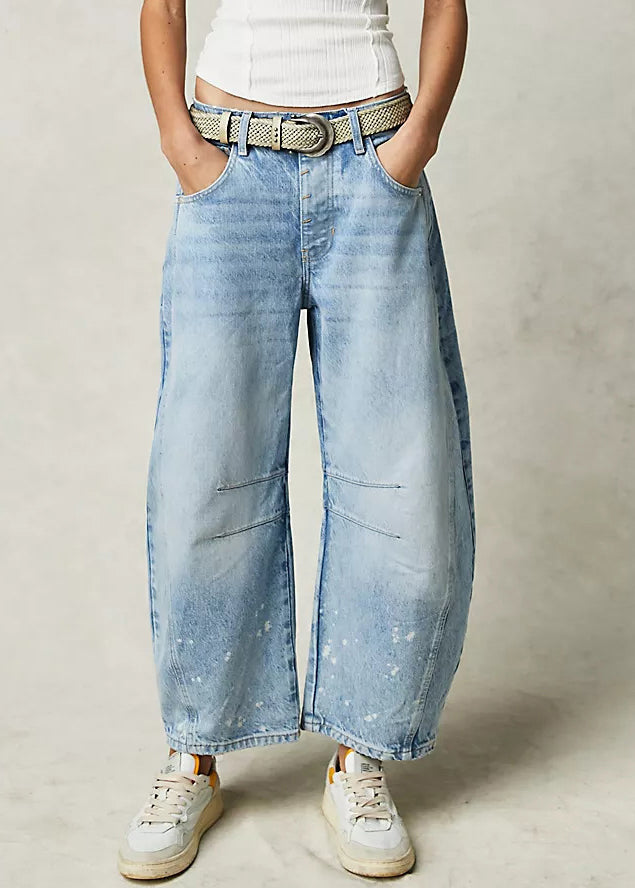 Waist Denim Pants Modern Blue Crop High Summer Pockets