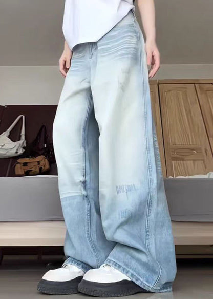 Modern Blue Pockets High Waist Denim Pants Fall Qf051