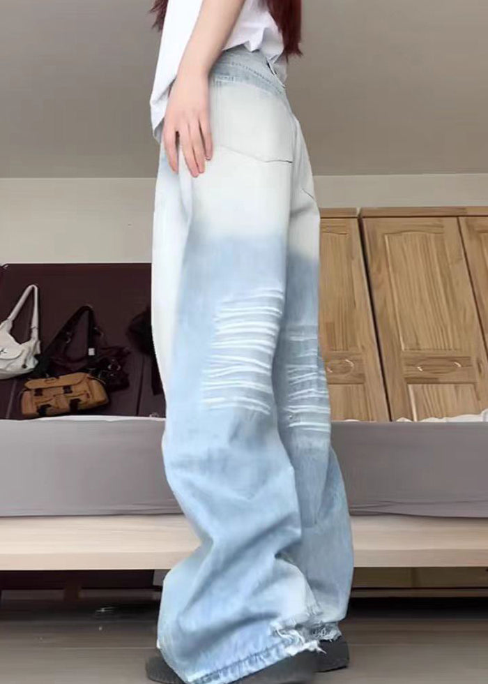 Modern Blue Pockets High Waist Denim Pants Fall Qf051