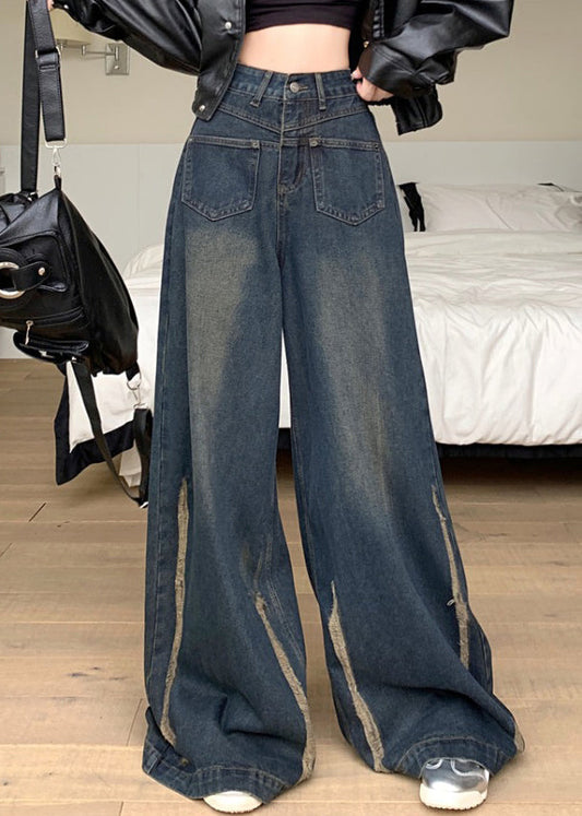 Modern Blue Pockets High Waist Denim Wide Leg Pants Fall Pp041