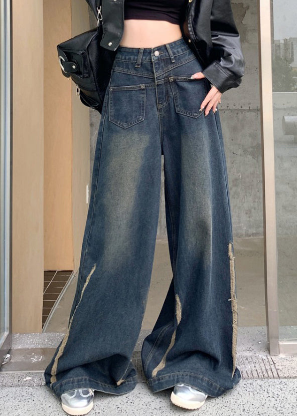 Modern Blue Pockets High Waist Denim Wide Leg Pants Fall Pp041