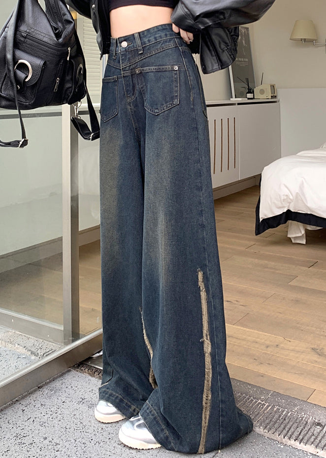 Modern Blue Pockets High Waist Denim Wide Leg Pants Fall Pp041