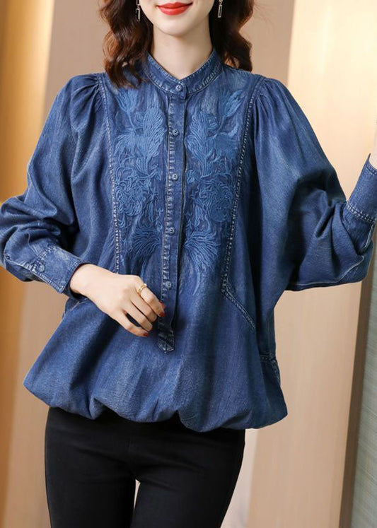Modern Blue Stand Collar Embroideried Cotton Denim Coats Batwing Sleeve Ac2001