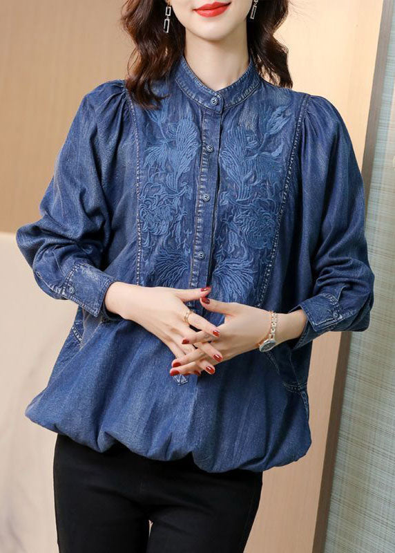 Modern Blue Stand Collar Embroideried Cotton Denim Coats Batwing Sleeve Ac2001