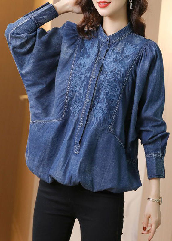 Modern Blue Stand Collar Embroideried Cotton Denim Coats Batwing Sleeve Ac2001