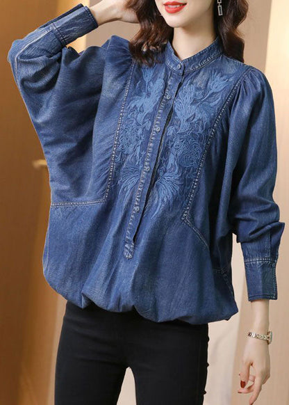 Modern Blue Stand Collar Embroideried Cotton Denim Coats Batwing Sleeve Ac2001