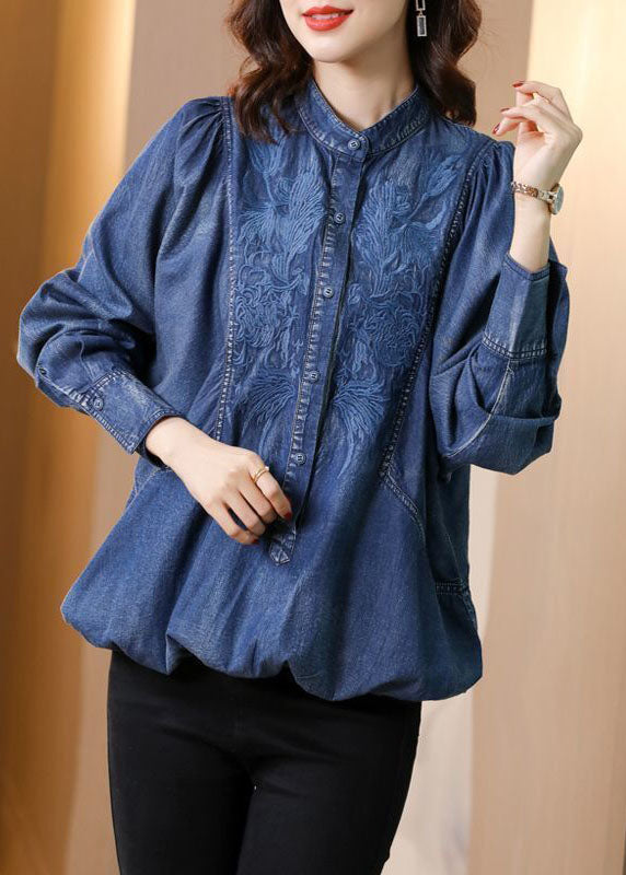 Modern Blue Stand Collar Embroideried Cotton Denim Coats Batwing Sleeve Ac2001