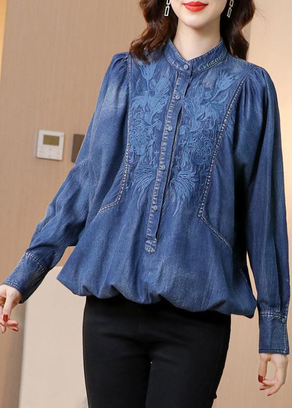 Modern Blue Stand Collar Embroideried Cotton Denim Coats Batwing Sleeve Ac2001