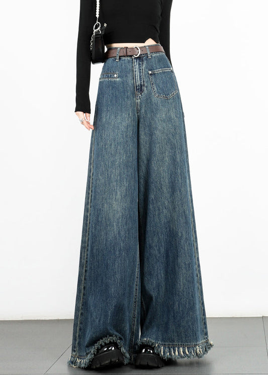 Modern Blue Tasseled High Waist Denim Wide Leg Pants Fall Aw1003