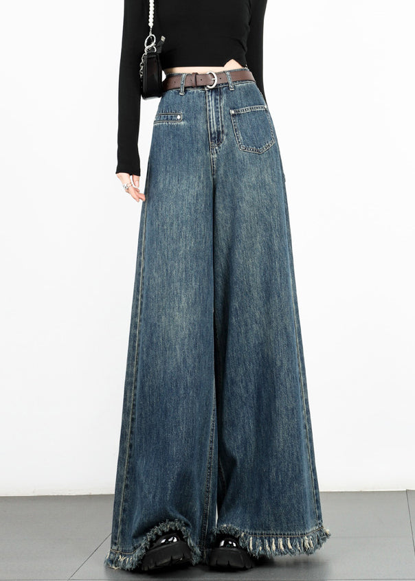 Modern Blue Tasseled High Waist Denim Wide Leg Pants Fall Aw1003