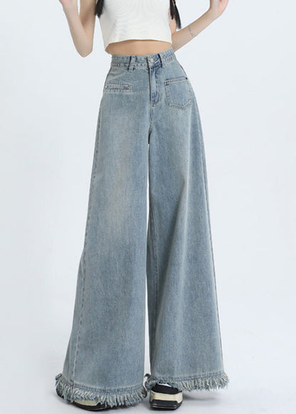 Modern Blue Tasseled High Waist Denim Wide Leg Pants Fall Aw1003
