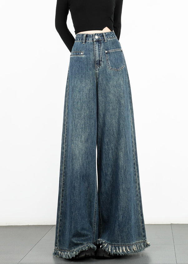 Modern Blue Tasseled High Waist Denim Wide Leg Pants Fall Aw1003