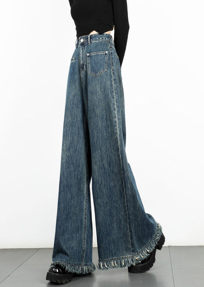 Modern Blue Tasseled High Waist Denim Wide Leg Pants Fall Aw1003