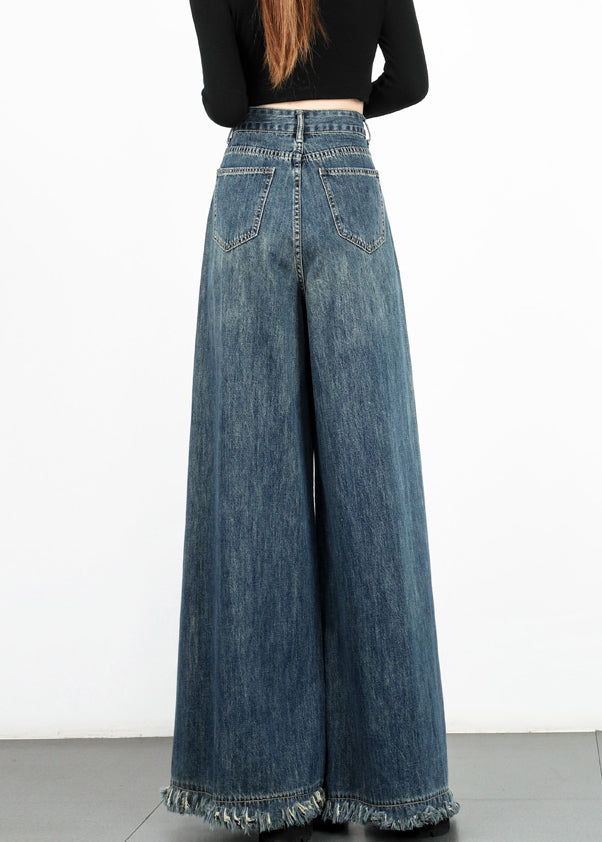Modern Blue Tasseled High Waist Denim Wide Leg Pants Fall Aw1003