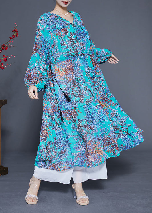 Modern Blue V Neck Patchwork Exra Large Hem Chiffon Long Dresses Spring Lc0430