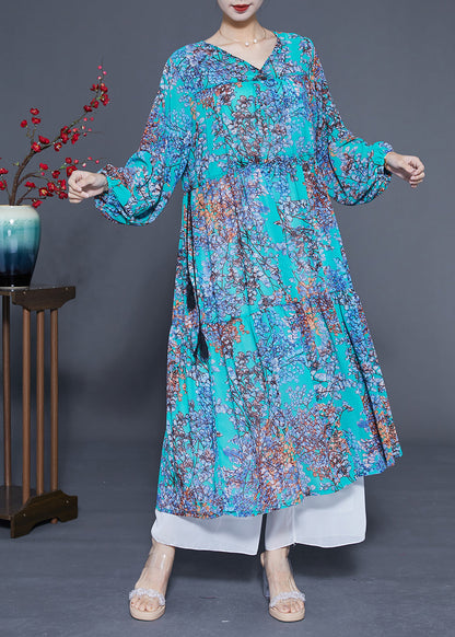 Modern Blue V Neck Patchwork Exra Large Hem Chiffon Long Dresses Spring Lc0430