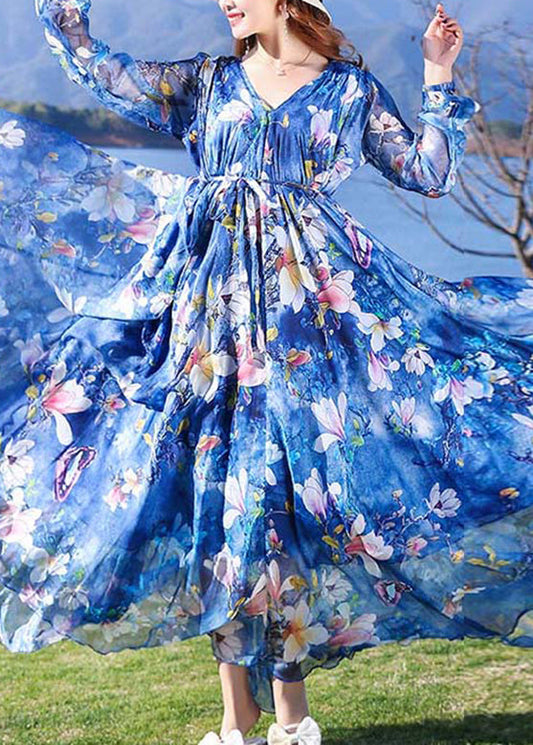 Modern Blue V Neck Print Tie Waist Chiffon Holiday Long Dress Long Sleeve Ly1701