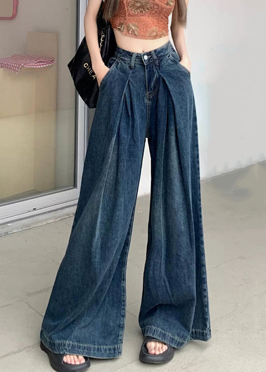Modern Blue Wrinkled Pockets Denim Wide Leg Pants Summer Pp010