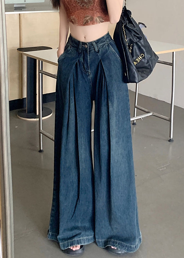 Modern Blue Wrinkled Pockets Denim Wide Leg Pants Summer Pp010