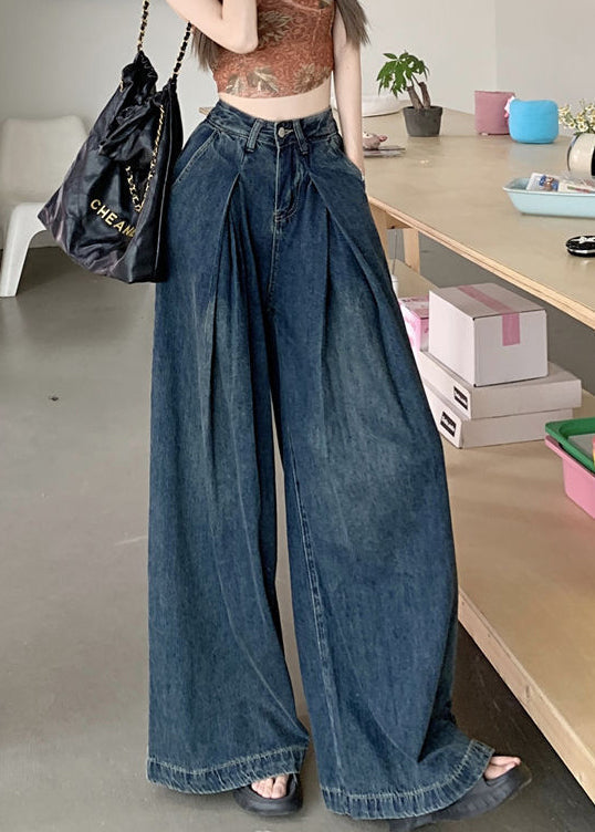 Modern Blue Wrinkled Pockets Denim Wide Leg Pants Summer Pp010