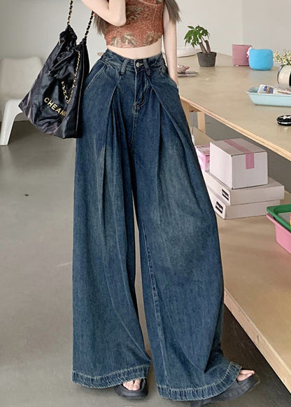 Modern Blue Wrinkled Pockets Denim Wide Leg Pants Summer Pp010