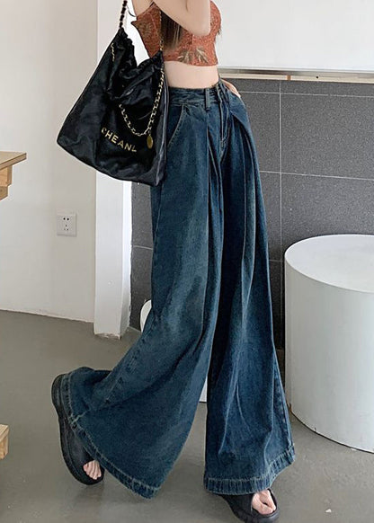 Modern Blue Wrinkled Pockets Denim Wide Leg Pants Summer Pp010