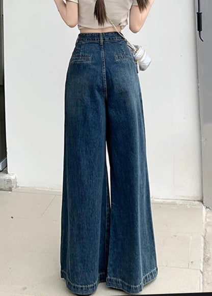Modern Blue Wrinkled Pockets Denim Wide Leg Pants Summer Pp010