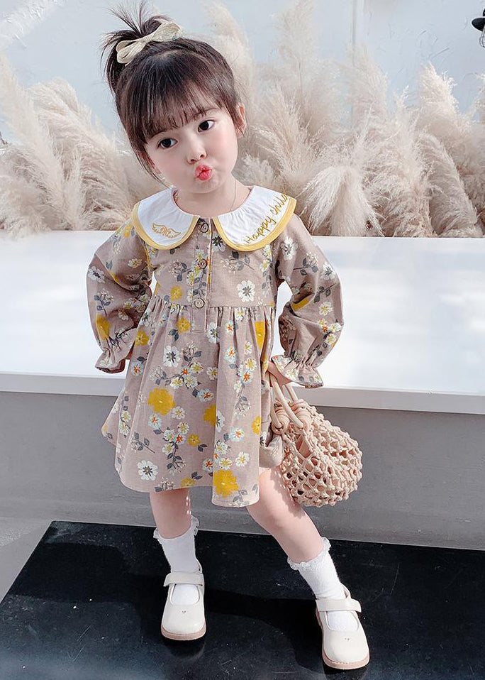 Modern Brown Embroideried Print Vacation Long Dresses Long Sleeve Ss1038