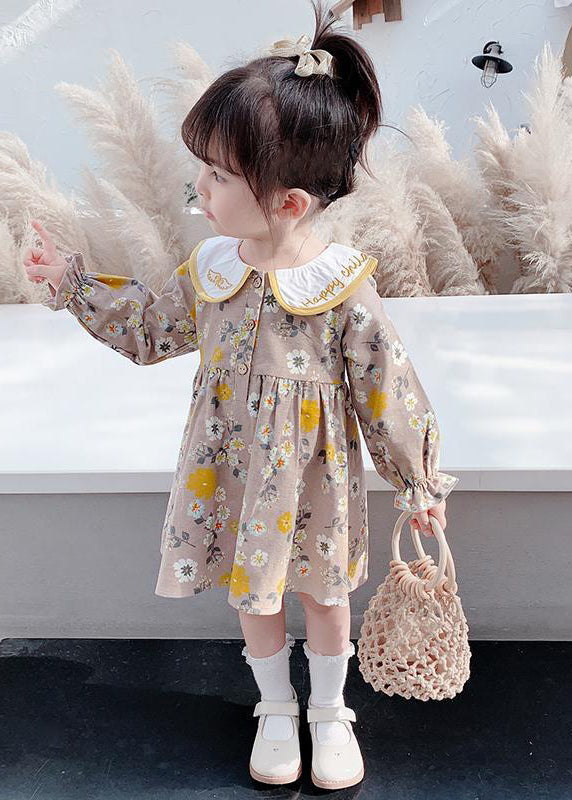 Modern Brown Embroideried Print Vacation Long Dresses Long Sleeve Ss1038