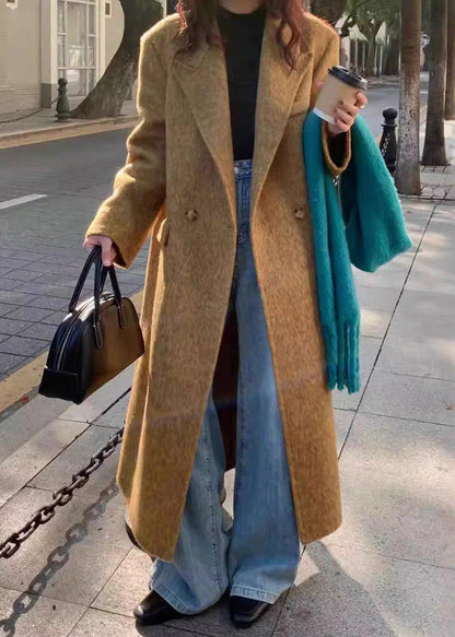 Modern Brown Peter Pan Collar Pockets Woolen Coat Winter Rl007