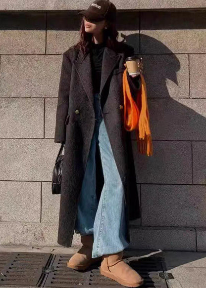 Modern Brown Peter Pan Collar Pockets Woolen Coat Winter Rl007
