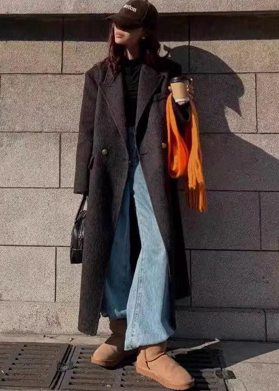 Modern Brown Peter Pan Collar Pockets Woolen Coat Winter Rl007