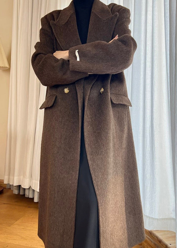 Modern Brown Peter Pan Collar Pockets Woolen Coat Winter Rl007